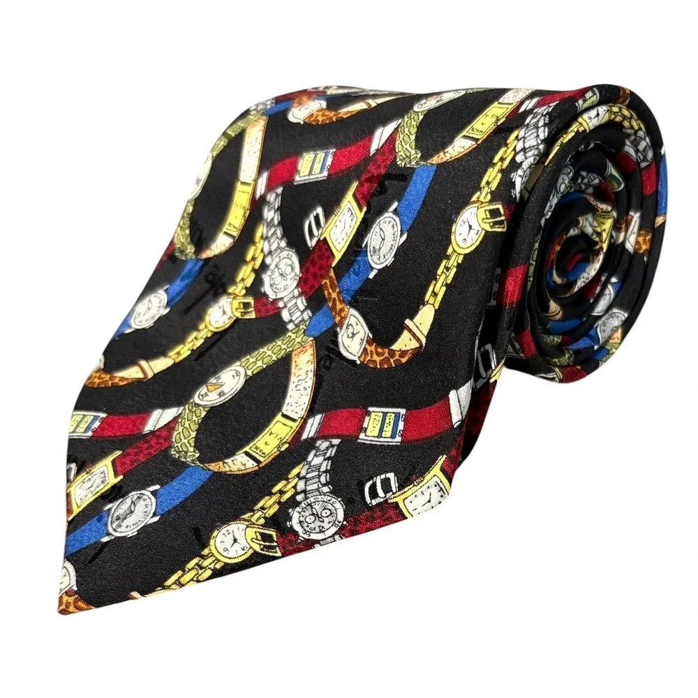 Nicole Miller Wristwatch Print Tie Necktie Men Black Vintage Y2K 1997 Silk Craft